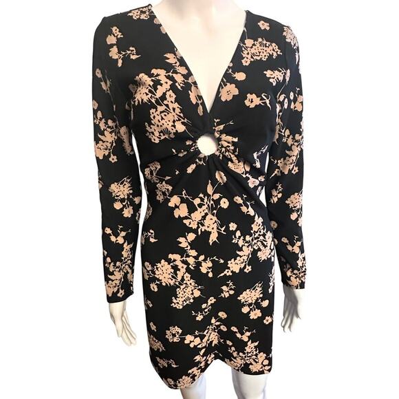 Abercrombie & Fitch NWT Black Pink Floral Long Sleeve O Ring V Neck Mini Dress S - Picture 11 of 16